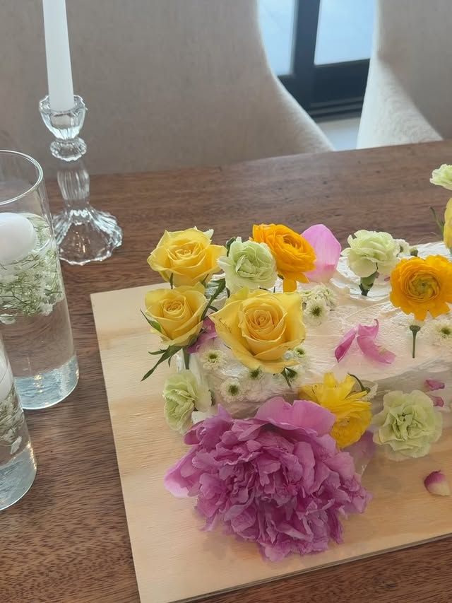 Floral cake-scape styled with roses and blooms for an event, Austin TX