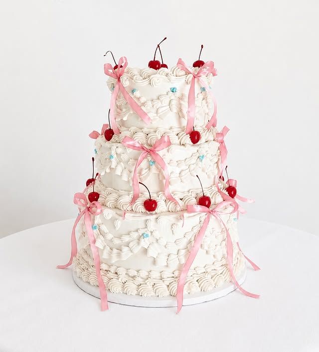 Three-tier white wedding cake with fresh cherries and pink ribbon bows, Austin TX